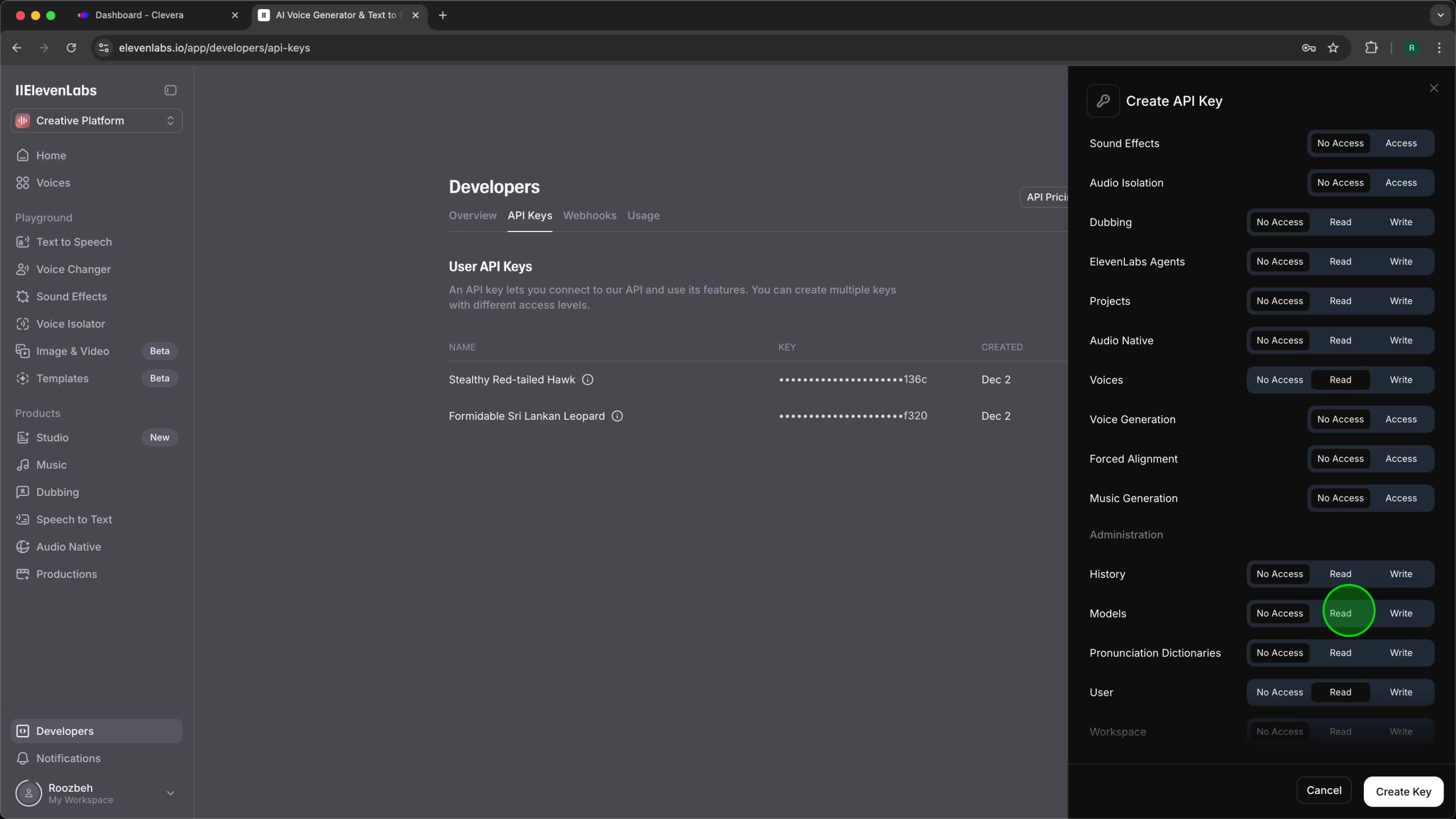 API Key creation sidebar showing 'Read' permissions granted for Voices, Models, and User